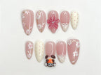Soft Pink Mokey Press On Nails | Cute Bow & Daisy Nail Art | Kawaii Nails | Elegant Spring Nail Design| Handmade Romantic Press Ons| OC329HC
