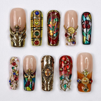 Handmade Baroque 3D Press-On Nails | Stained Glass Vitreaux Design | Long Square Gothic Fake Nails for Holiday. Vacation. Birthday | OB907L