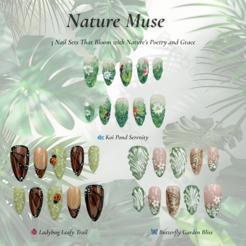 Nature Muse Nail Bundle | 3 Nature-Inspired Press On Nail Sets | Leaf. Butterfly & Floral Art | Reusable Nail Kit|OB103L