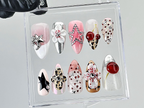 Leopard Print Star Press On Nails | 3D Rhinestone Fake Nails | Pink and Silver Nail Art | Cute Star Cherry Press Ons | Summer Nails |OB883YC