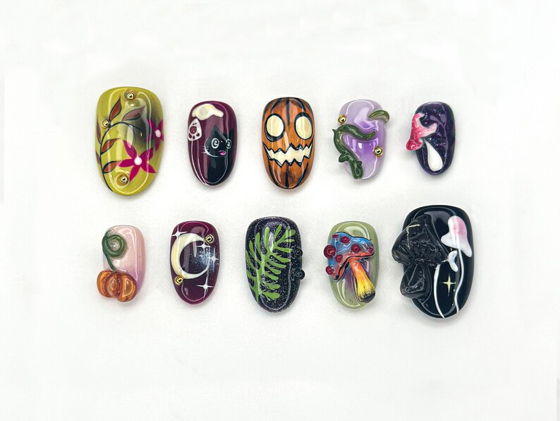 Fantasy Forest Halloween Nails | Pumpkin & Black Cat Press Ons | 3D Mushroom Nail Art | Magical Spooky Handmade Nails | OC1146BC