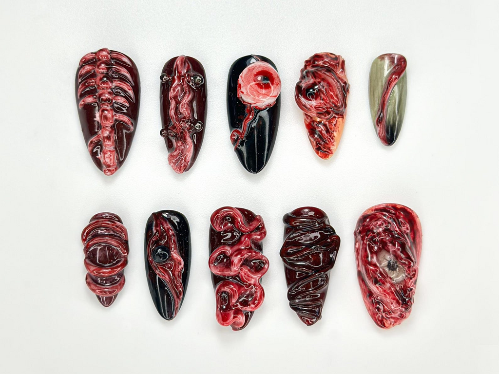 Horror Halloween Press On Nails | 3D Bloody Body Art Nails | Halloween Skeleton & Flesh Nail Set | Grunge Monster Horror Nails | OB979HC