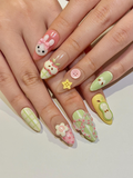 Kawaii Bunny Easter Press On Nails. Pastel Green and Pink Plaid Nails. Colorful Pastel Gingham Fake Nails For Cute Lover. OB1291H