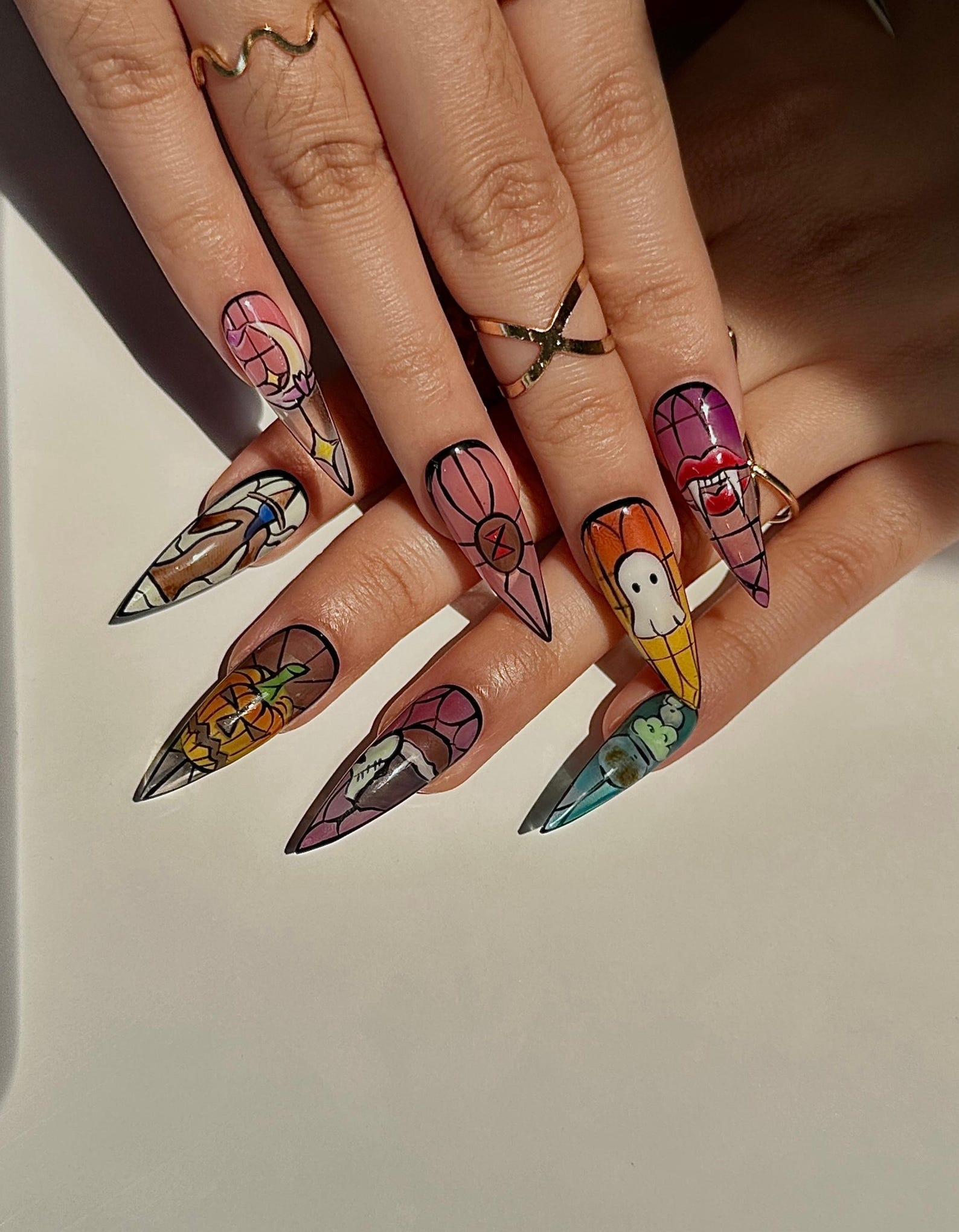 Stained Glass Halloween Press On Nails | Ghost Pumpkin Bat Nail Art | Colorful Spooky Nail Design | Handpainted Halloween Nails | OB111H