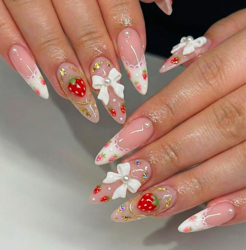 Cute Strawberry Bow Press On Nails | Pink French Tip Nails | Cute 3D Kawaii Nail Art | Handmade Luxury Press Ons | HC995GC