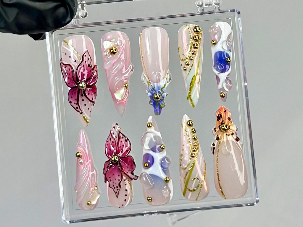 Luxury Orchid Press On Nails | Pearl. Gold Floral Press Ons | Handmade Luxury Fake Nails | 3D Floral. Gold Accents Nail Art | OB751YC