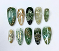 Handmade Jade Press On Nails | Glossy Green Botanical Nails | Elegant Stone Look Nails | Gold Marble Accents | 3D Nail Set OB781Y