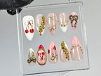 Romantic Cherry Press On Nails | Handmade Cherry. Gold Bead Press Ons | Pink & Gold Bow Fake Nails | French Tip Nail Art | OC782YK