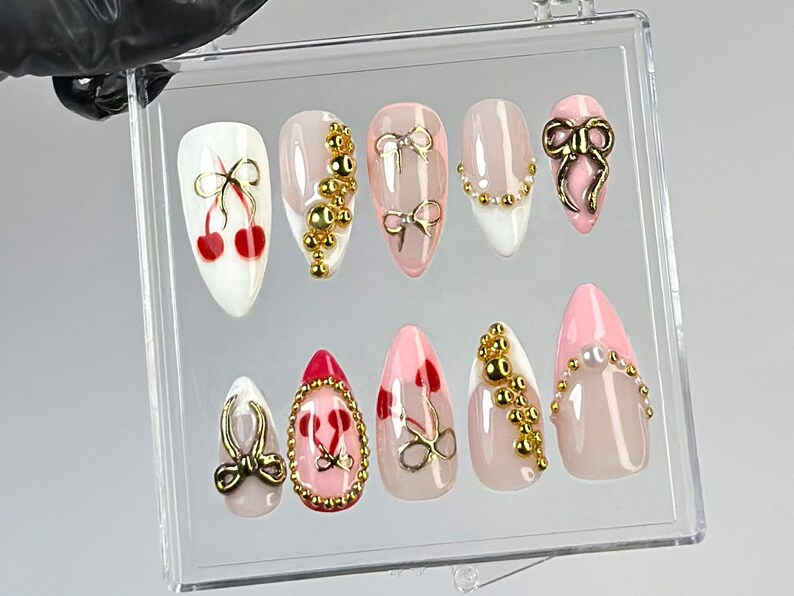 Romantic Cherry Press On Nails | Handmade Cherry. Gold Bead Press Ons | Pink & Gold Bow Fake Nails | French Tip Nail Art | OC782YK