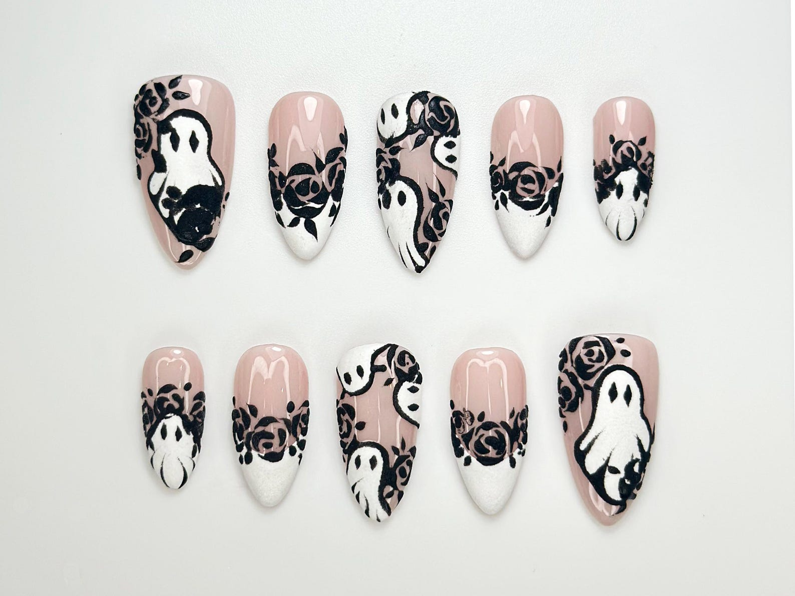 Ghost & Roses Halloween Press On Nails | Black Lace Rose Nail Art | White Halloween Nails | Handmade Spooky Glam Press Ons | OC129HC