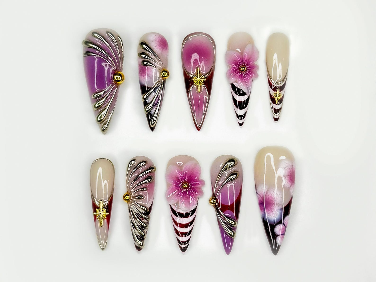Elegant Violet Floral Press On Nails | Purple Chrome Floral Nails| Elegant Holiday Nails | Luxury Gradient Press Ons | OB211EC