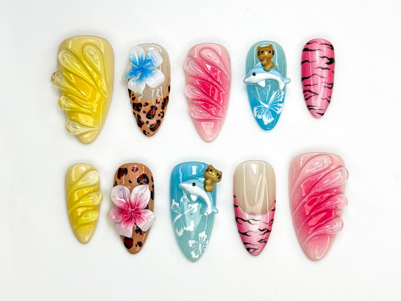 Hello Kitty Safari Press On Nails | Tropical Dolphin. Leopard Print Nails | 3D Kitty & Floral Summer Nails | Y2K Cute Vacation Nail | OB813H