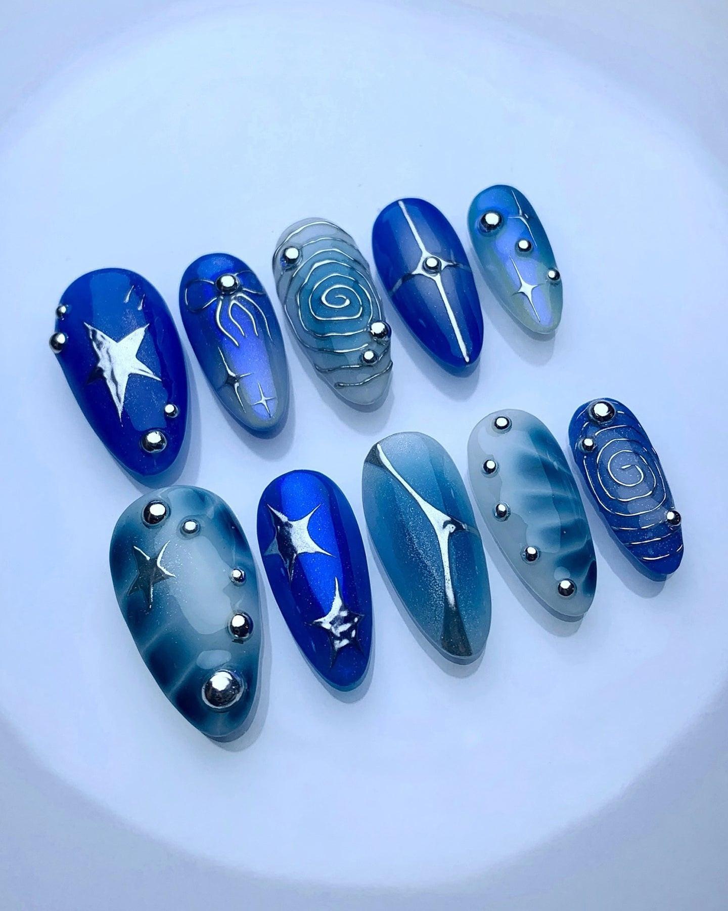 Handmade Blue Celestial Swirl Nail Art with Star Pearl Accent Press on Nails F31