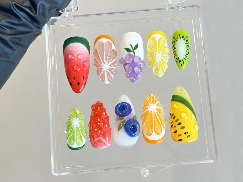 3D Tropical Fruit Press On Nails | Lemon Grape Watermelon Nail Art | Colorful 3D Press Ons | Unique Summer Fake nails |Kawaii Nails |OB947YC