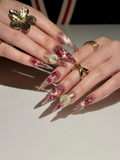 Handmade Cherry Blossom Press On Nails. Asian Inspired Luxury 3D Jade and Gold Leaf Nails. Elegant New Year Luxury Fake Nails. OB1021HC