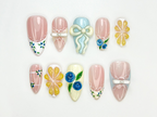 Lace French Tip Press On Nails | Blueberry Floral Nails | Kawaii Vintage Ribbon Nail Art | 3D Bow Pink Press Ons | Pastel Nails | OC886HC