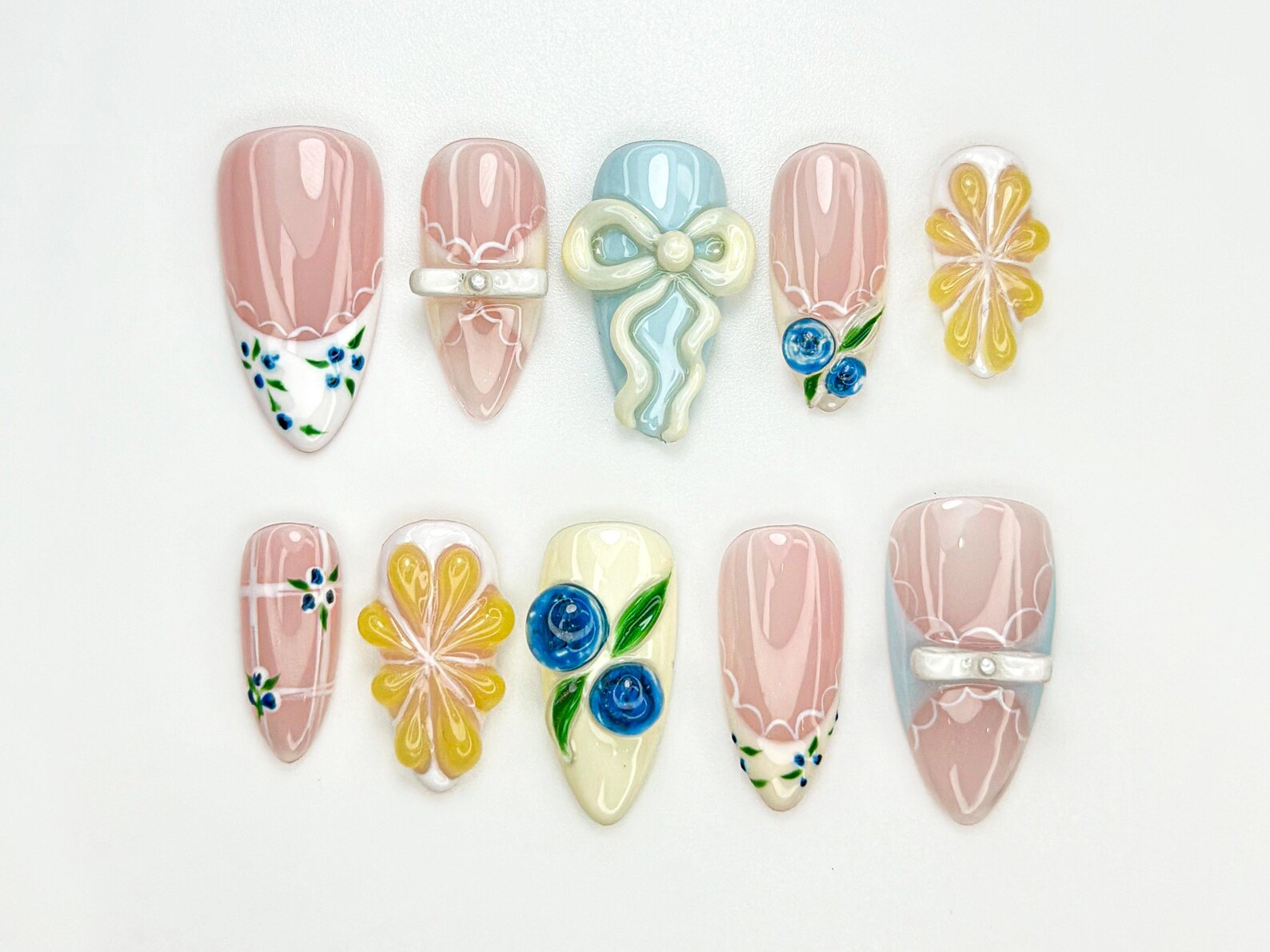 Lace French Tip Press On Nails | Blueberry Floral Nails | Kawaii Vintage Ribbon Nail Art | 3D Bow Pink Press Ons | Pastel Nails | OC886HC