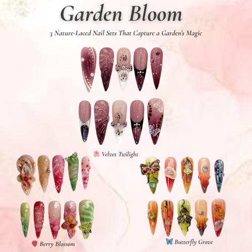 Garden Bloom Nail Bundle | 3 Nature-Inspired Press On Sets | Velvet. Berry. Butterfly Designs| OB102L