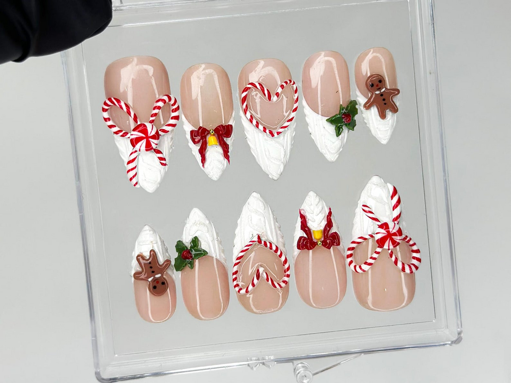 Winter Wonderland Press On Nails For Christmas | 3D Christmas Cookie Nail Art | Red White Holiday Nails | Gingerbread & Bow Press Ons | OB1197HC