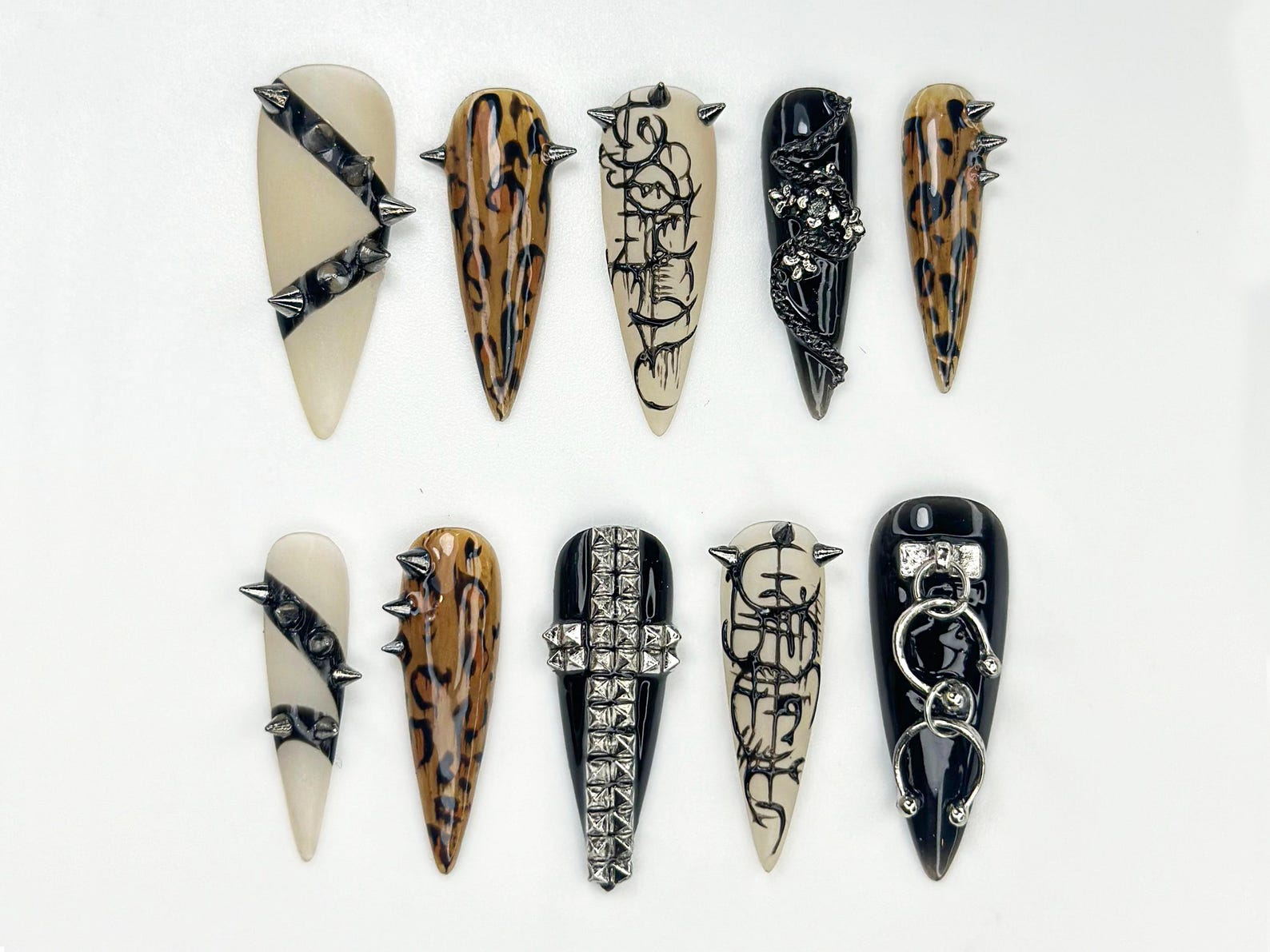 Gothic Punk Stiletto Press On Nails | Leopard Chrome Nail Art | Edgy Studded Nail Design | Alt Fashion Black Nails | OB827HC