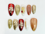 Christmas Tree Press On Nails | Red & Gold Holiday Nail Art with 3D Details | Christmas Tree. Pearl Accents | Holiday Nail Set| OC536HC
