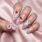 Soft Pink Bunny Press On Nails | Kawaii Nail Art with Bows | Handmade Pastel Nails | Sweet Gift for Her | OB1112GC