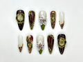 Autumn Gemstone Bloom Press On Nails | Fall Burgundy and Green Nail Art | 3D Flower & Crystal Accents | Baroque Autumn Design | OC1094EC