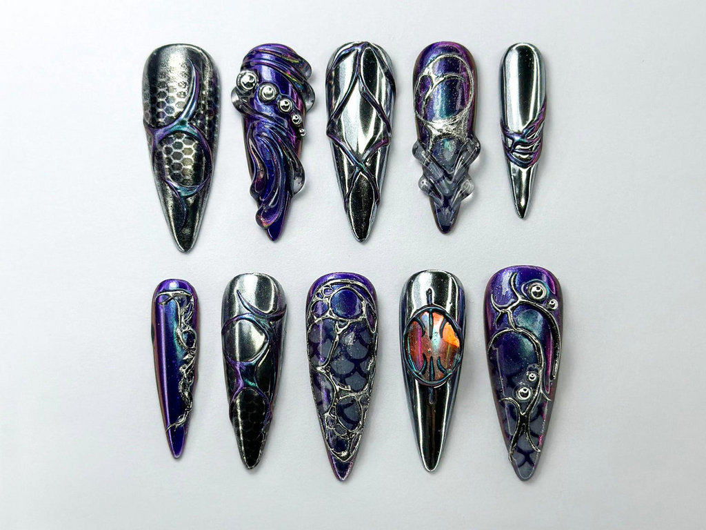 Metallic Dragon Scale Press-On Nails | Gothic Fantasy Inspired Set | Unique 3D Chrome Press-Ons | Cyberpunk And Gothic Nails | OB725HC