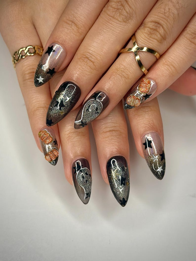 Pumpkin Gothic Press On Nails | Halloween Black & Orange Nails | Handmade Spooky Nail Design | Unique Gothic Pumpkin Nails | OB151HC