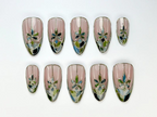 Stained Glass Floral Press On Nails | Neutral Floral Press Ons | Nude & Metallic Fake Nails |Elegant Bridal Nail Art |Wedding Nails |OB778YC