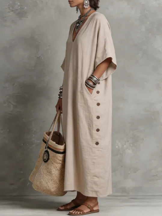 Boho Linen & Cotton Maxi Dress – Casual Loose Fit for Effortless Style