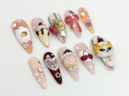 Kawaii Dessert Cat Press-On Nails | Handmade Cute Cat Nail Art | Cute 3D Kawaii Dessert Nail | 3D Handmade Nail | Elegant Nail Art | OB593HC