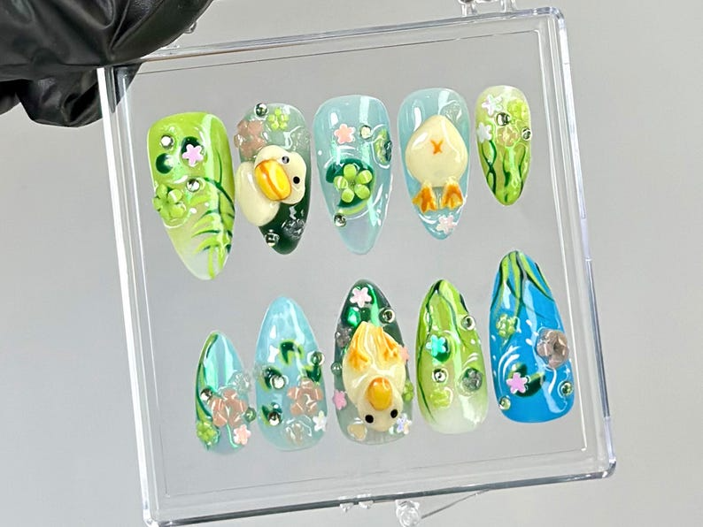 Whimsical Duck Almond Nails | Fairy-Tale Pond Nail Art | Artistic Cottagecore Fake Nails | Fantasy Water-Themed Nails |Kawaii Nails |OB765YC