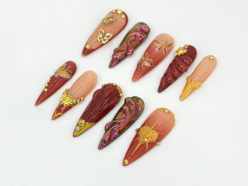 Glamorous Burgundy Press On Nails | Gothic Floral. Butterfly Design | Burgundy & Gold Accents | | Elegant Gold Design | Trendy Nail | OB679H