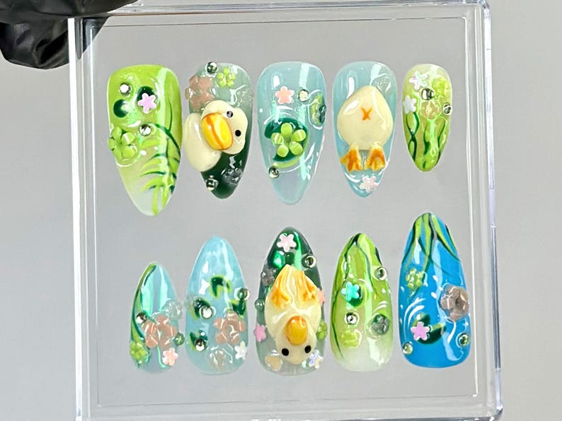Whimsical Duck Almond Nails | Fairy-Tale Pond Nail Art | Artistic Cottagecore Fake Nails | Fantasy Water-Themed Nails |Kawaii Nails |OB765YC