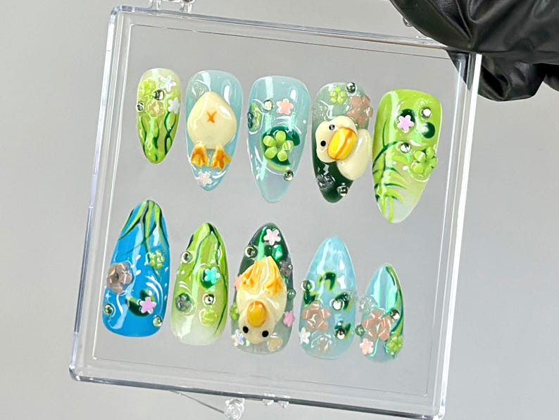 Whimsical Duck Almond Nails | Fairy-Tale Pond Nail Art | Artistic Cottagecore Fake Nails | Fantasy Water-Themed Nails |Kawaii Nails |OB765YC