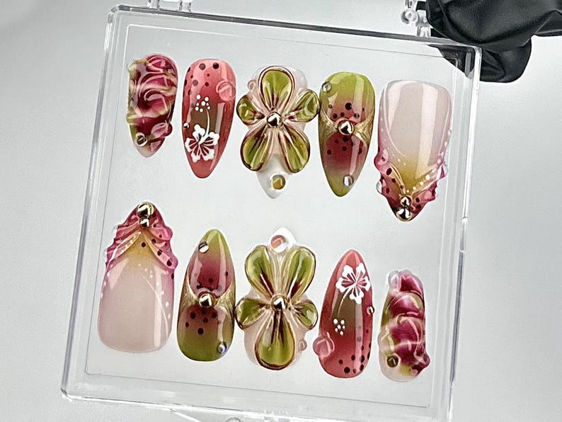 Artistic Floral Press On Nails | Green Floral. Pink Rose Nail Design | 3D Flower & Gradient Fake Nails | Spring Blossom Nails | OB697YC