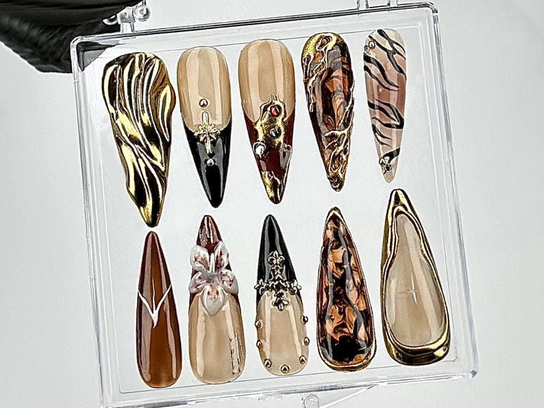Black & Gold Marble Press On Nails | Leopard Print. Brown Fake Nails | Nature-Inspired Designs Nail Art | Edgy Gothic Nails | OB694YK