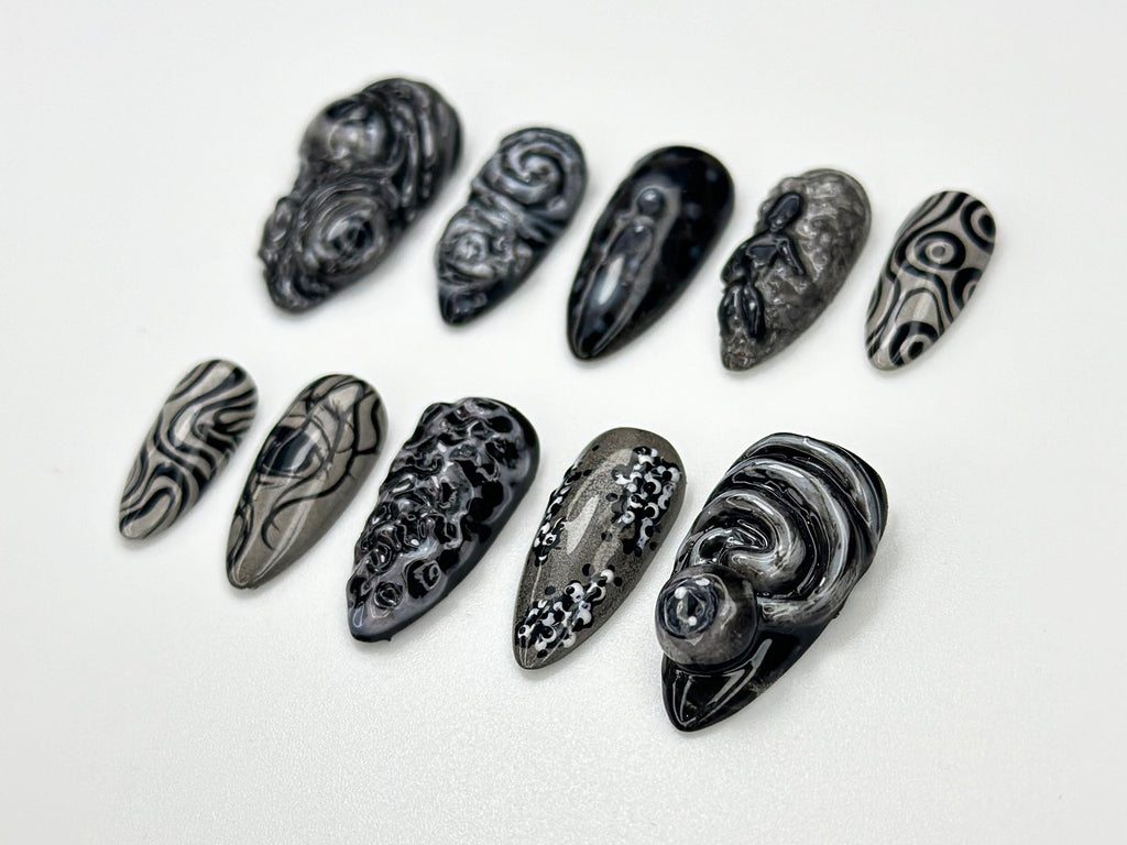 Abstract Black Chrome Swirl 3D Press On Nails