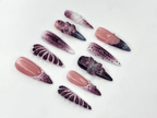 Elegant Purple Bloom Press On Nails | 3D Floral Ombre Nail Art | Nude Pink Handmade Nails | Luxury Artistic Long Set | OB1152BK