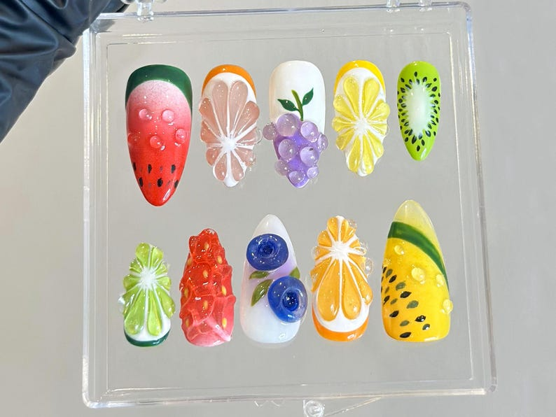 3D Tropical Fruit Press On Nails | Lemon Grape Watermelon Nail Art | Colorful 3D Press Ons | Unique Summer Fake nails |Kawaii Nails |OB947YC