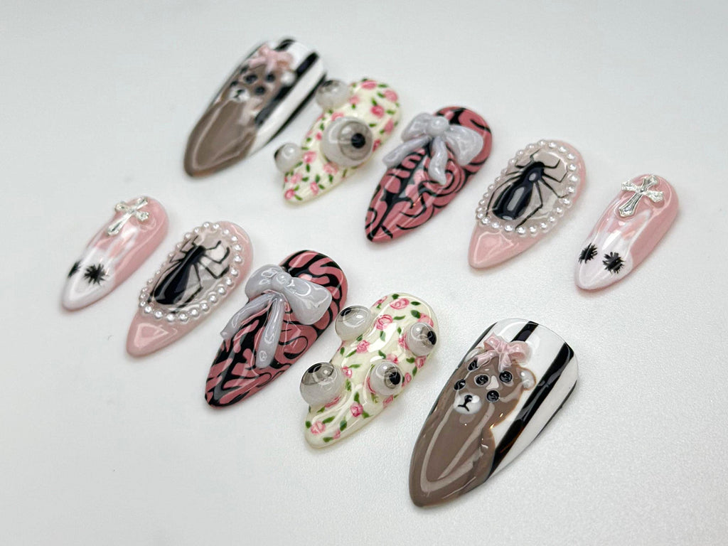 3D Spider & Bear Nail Art Set - Cute Pink Cross Bow Design. Floral Accents