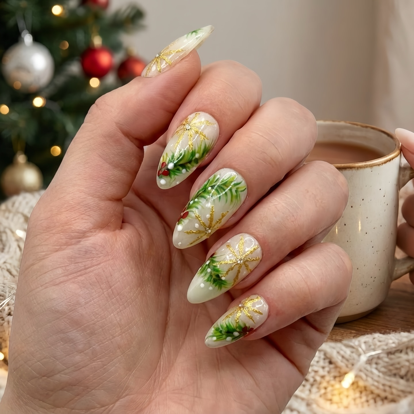 Luxury Christmas Press On Nails | Gold Snowflakes And Pine Accents Fake Nails | Festive Holiday Nail Polish | Seasonal Nail Art | OC650YC