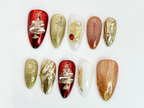 Christmas Tree Press On Nails | Red & Gold Holiday Nail Art with 3D Details | Christmas Tree. Pearl Accents | Holiday Nail Set| OC536HC