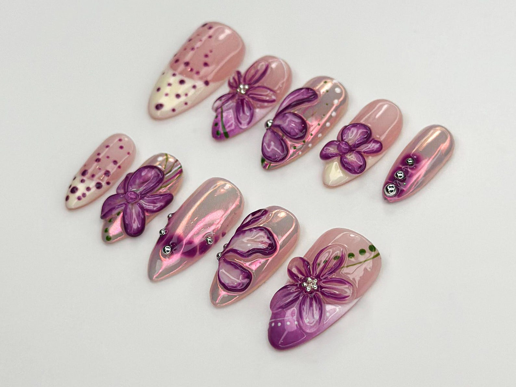 Glossy Purple Flower Press On Nails | 3D Floral Chrome Nails | Handmade Long Nails | Sparkling Violet Flower Tips| Elegant Nail Set |OC770HC