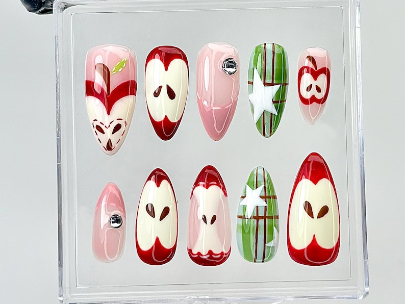 Cute Red Fruit Press On Nails | Kawaii Food Fake Nails | Glossy Custom Nail Art | Apple-Inspired Fake Nails | Kawaii Style Nails | OB858YC