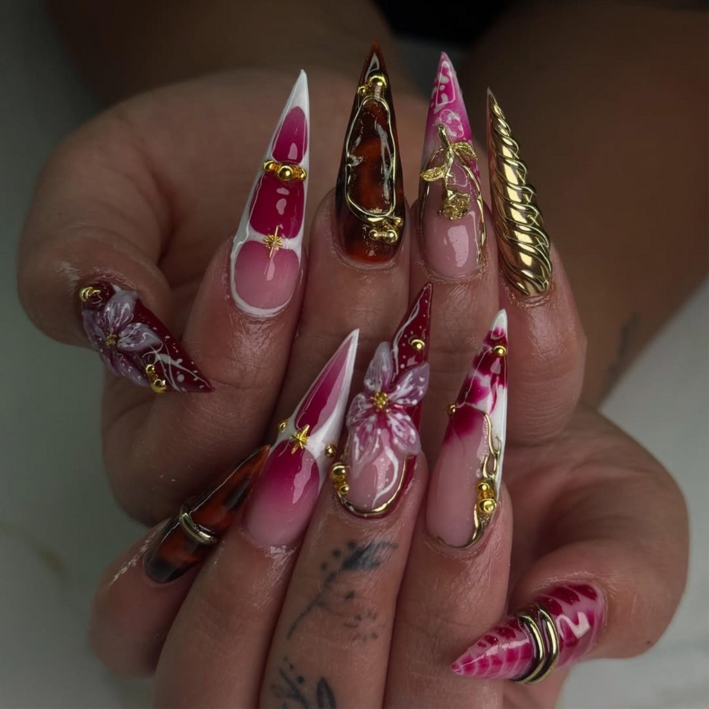 Crimson Gold Floral Press On Nails | 3D Red Floral & Gold Nail Art | Sculpted Jewel Accent Nails | Handmade Elegant Press On Set | OC992HP