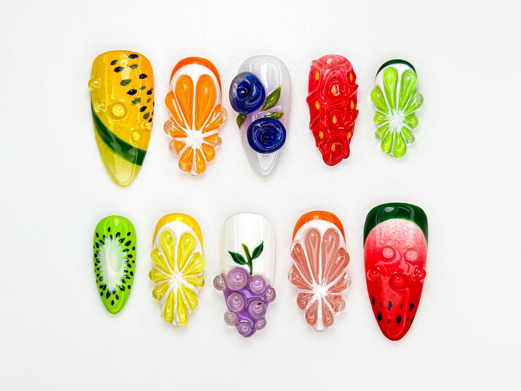 Combo Summer Vibes Press On Nails | 3D Tropical Fruit Nail Art | Handmade Kiwi. Watermelon & Citrus Nails | Beach Vacation Nail Set OB73L