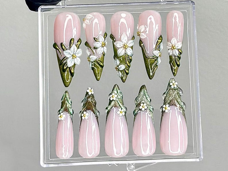 Sculpted Floral Press On Nails | Glossy Green Leaf Nail Art | Ethereal Spring Press Ons | Elegant Flower Tips Fake nails | Luxury | OB944YK