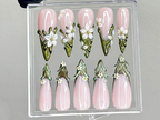 Sculpted Floral Press On Nails | Glossy Green Leaf Nail Art | Ethereal Spring Press Ons | Elegant Flower Tips Fake nails | Luxury | OB944YK